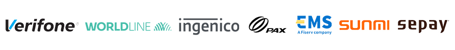 Logo's van verschillende betalingsverwerkers, waaronder Verifone, Worldline, Ingenico, PAX, EMS, Sunmi en Sepay.